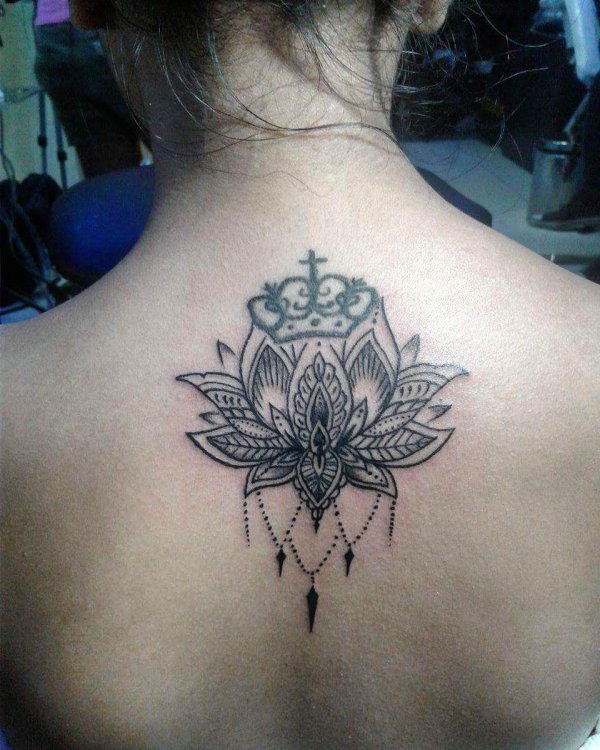 Dynamic Lotus Tattoo With Crown On Back