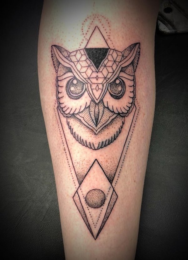 Excellent Dot Work Geometric Owl Tattoo on Forearm
