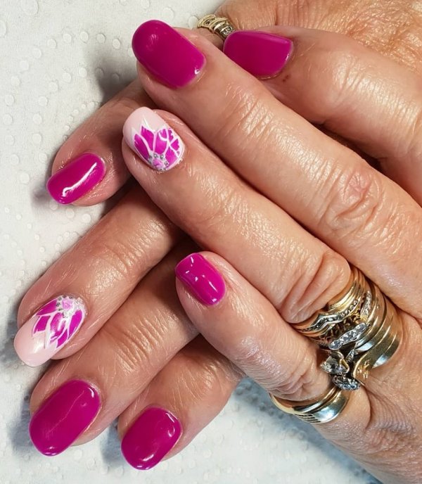 Exclusive Bright Pink And White Nails With Pink Flower