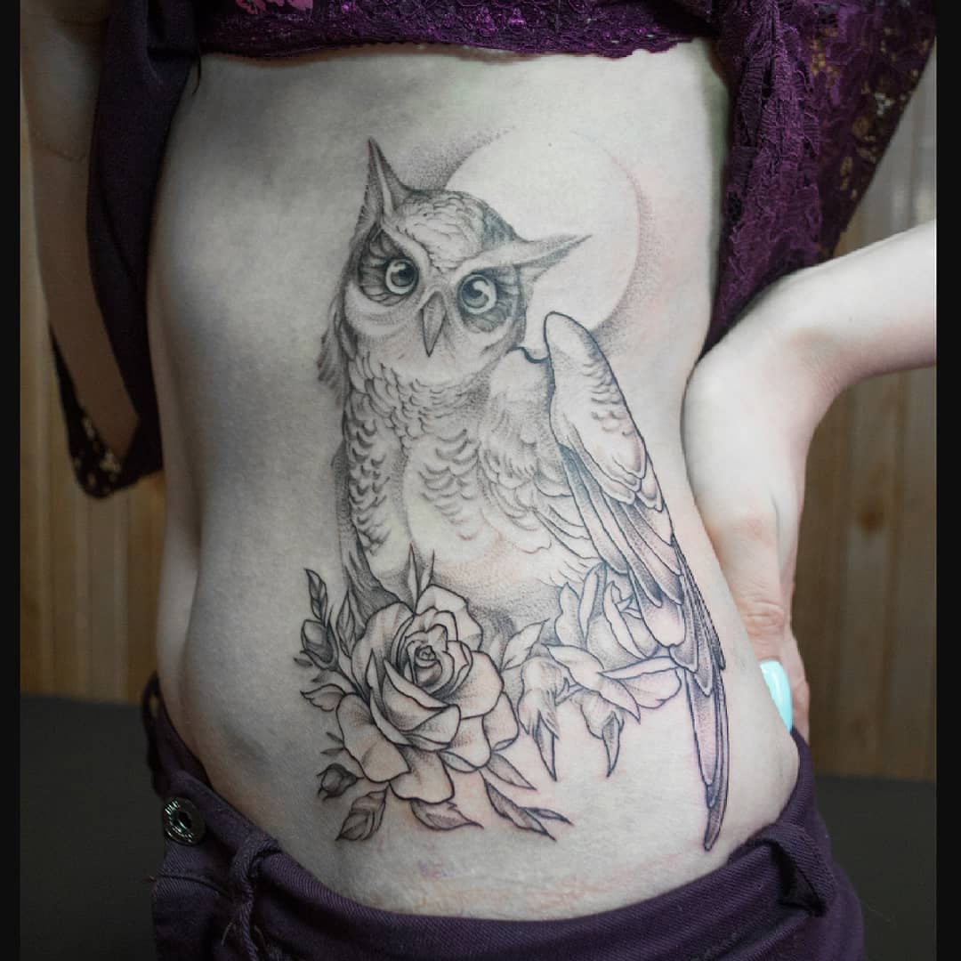 Exclusive Line Work Owl With Flower Tattoo