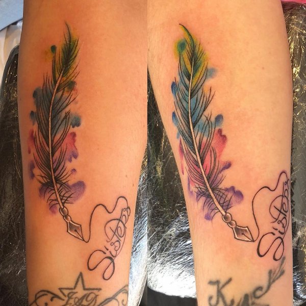 Feather Watercolor Sister Tattoo Design