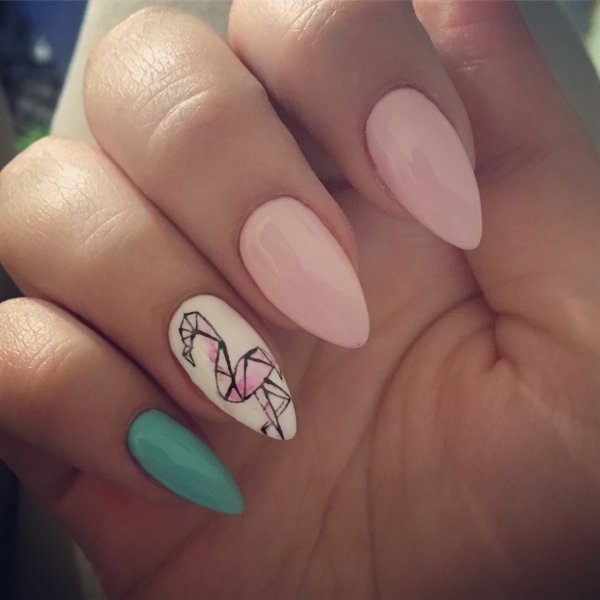 Flamingo on pink geometric nails