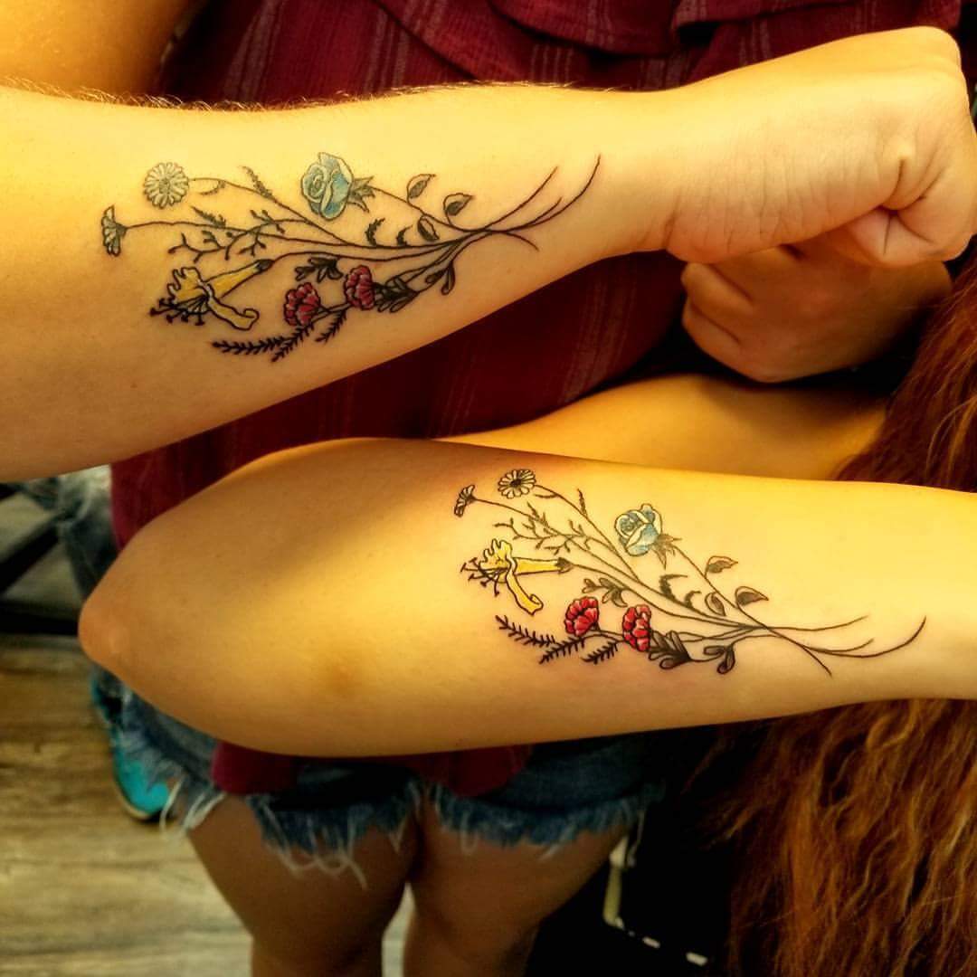Flower Colorful Matching Sister Flowers Tattoo On Arms