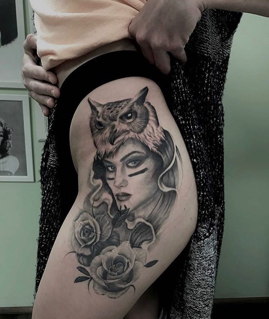 Girl Tattoo With Owl And Roses On Hip