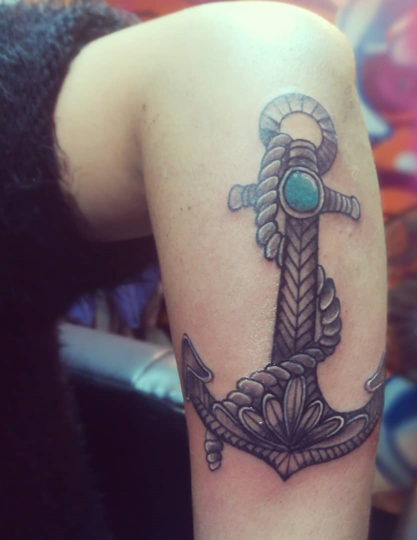 Glamorous anchor mandala tattoo on lower leg