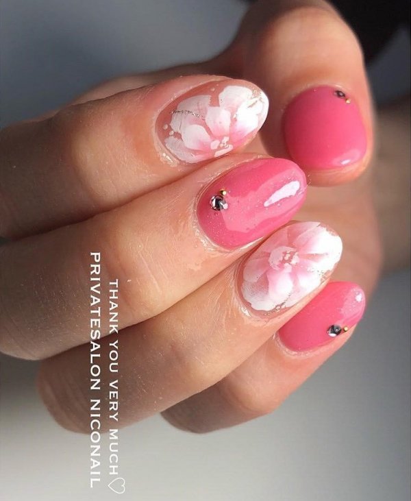 Gorgeous Baby Pink And White Floral Nails