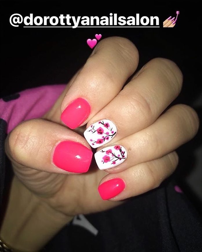 Graceful neon Pink And White Floral Nails