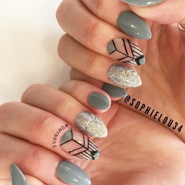 Gray With Glitter Geometric Nails