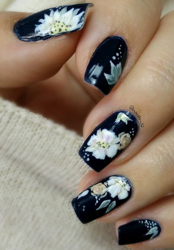 Handpainted Flowers On Black Nails