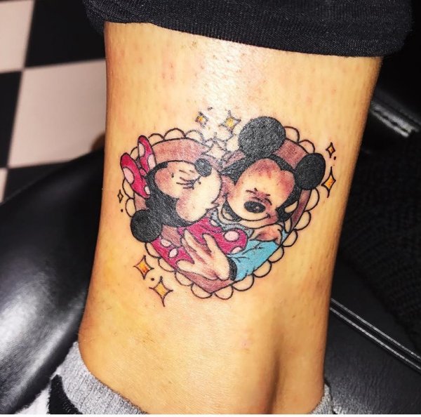 Heart Shape Mickey Mouse Minnie Mouse Ankle Tattoo