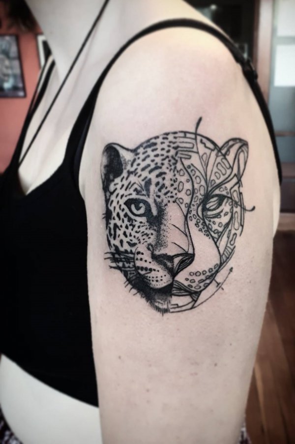 Leopard Portrait Geometric Tattoo On Half Sleeve