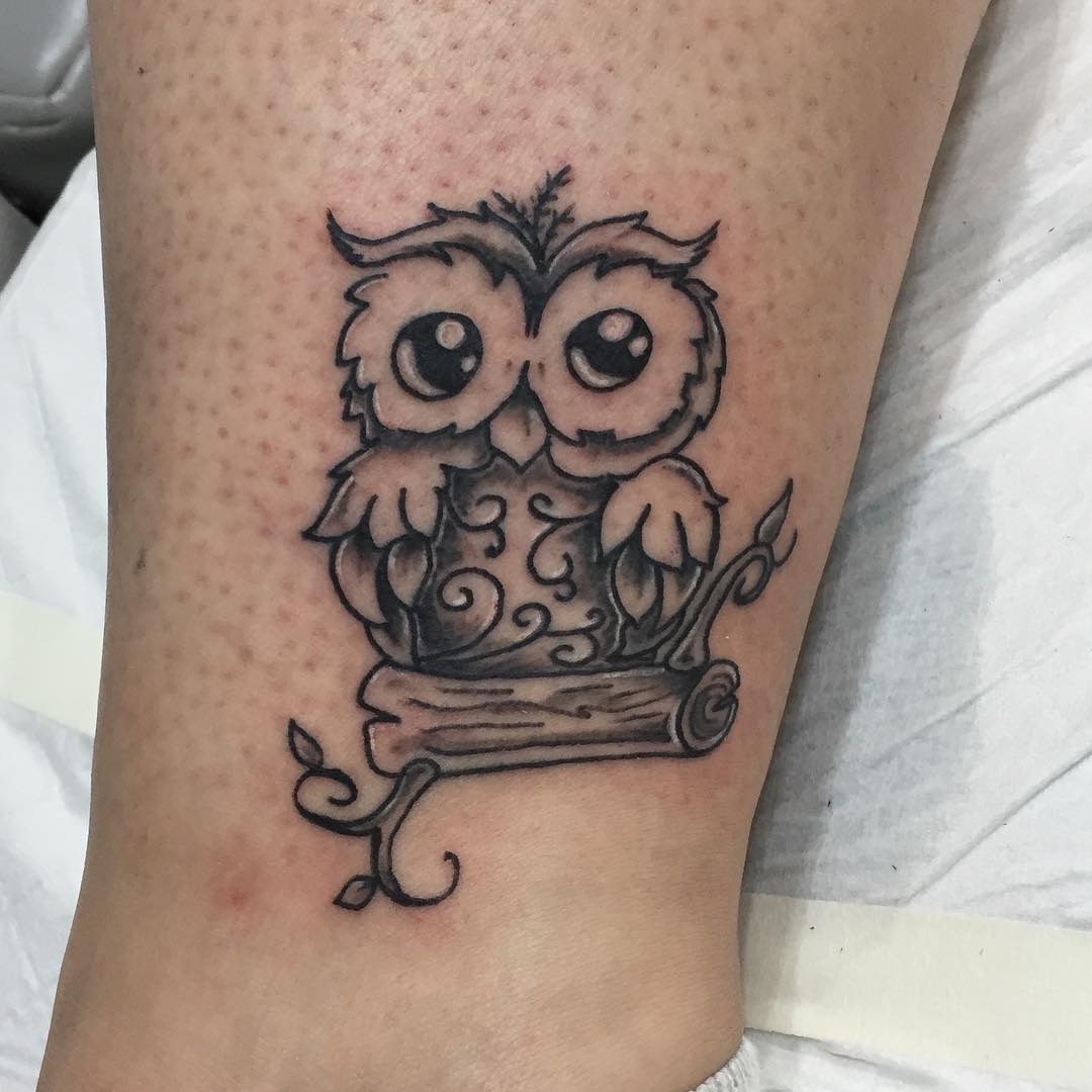 Linework Owl Tattoo On Ankle