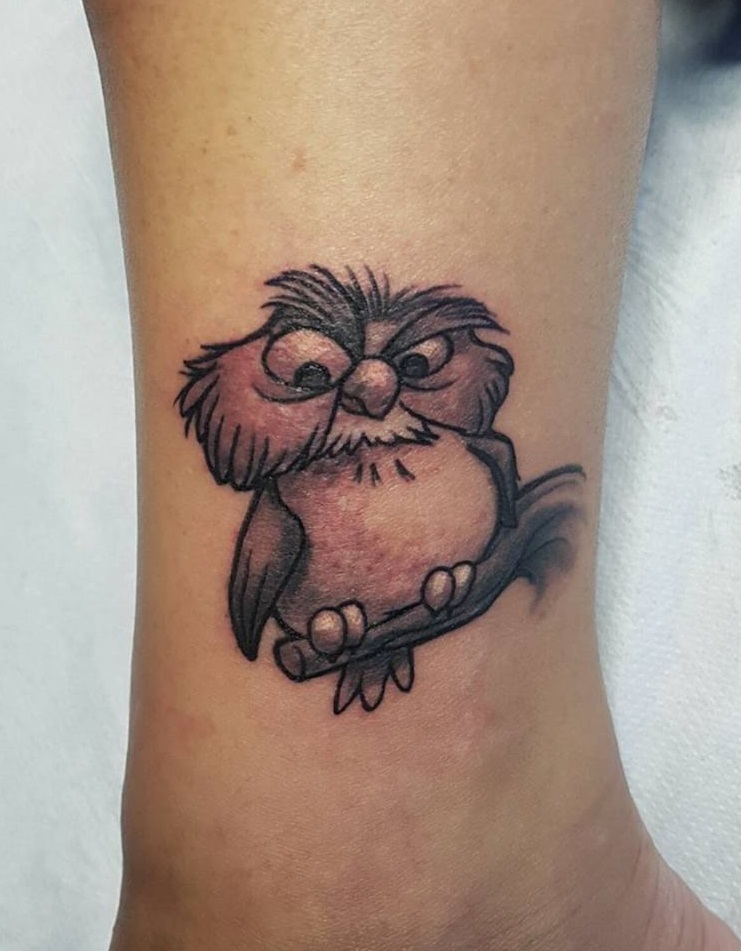 Little Owl Tattoo On Lower Leg