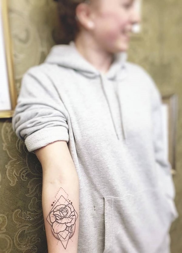 Lovely Rose With Triangle Large Forearm Tattoo