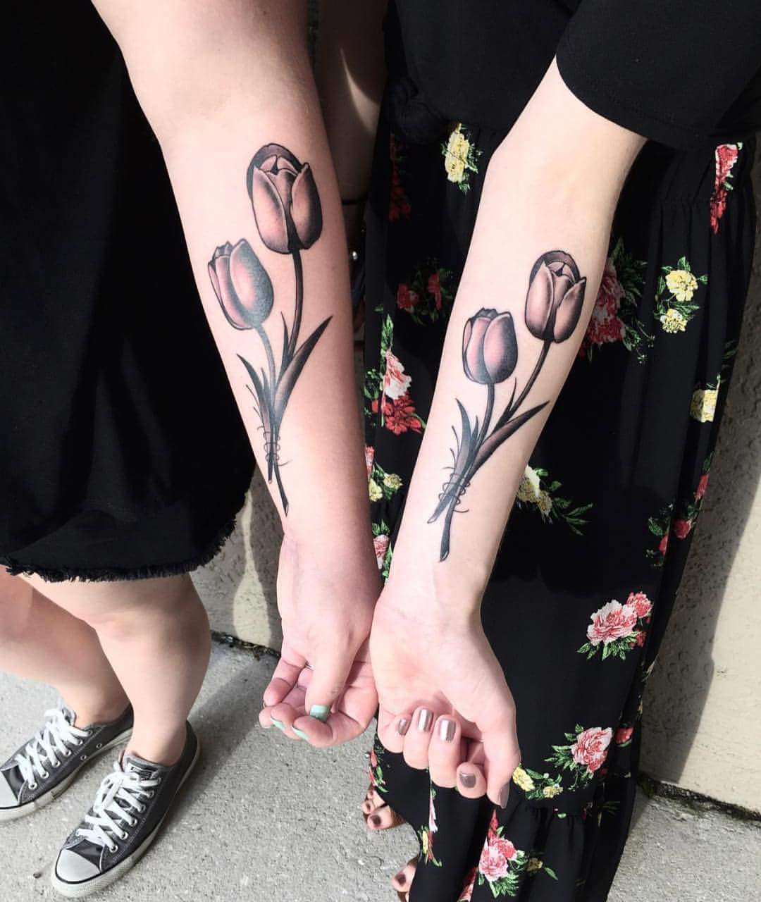 Matching Large Two Tulip Sister Tattoo For Inner Arm