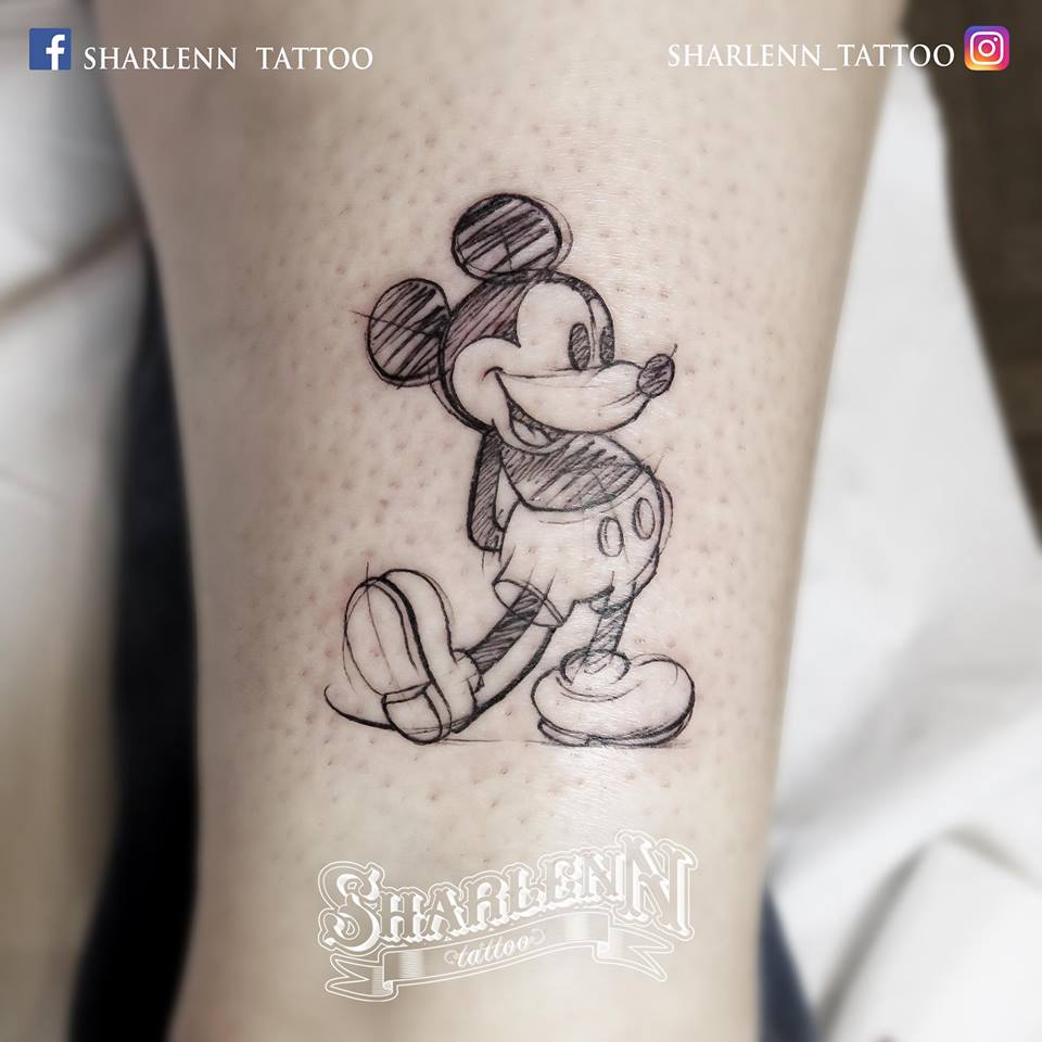 Mickey Mouse Sketch Tattoo On Lower Leg