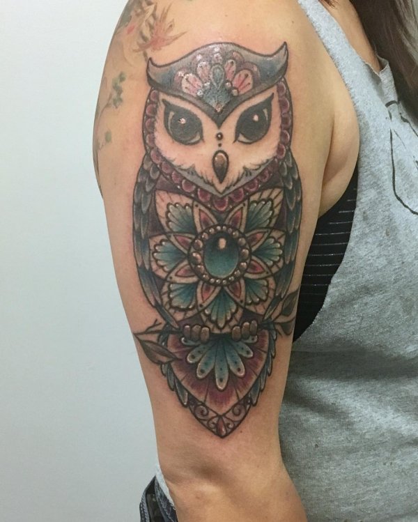 Ornamental Owl Tattoo On Half Sleeve