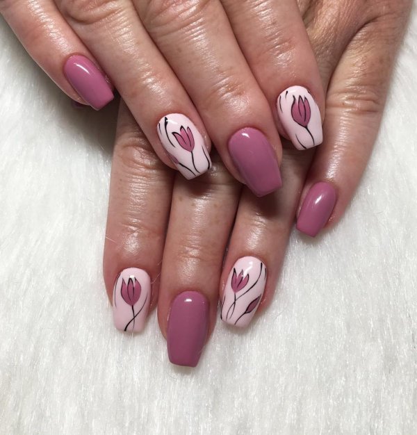 Pink Nails With Tulip