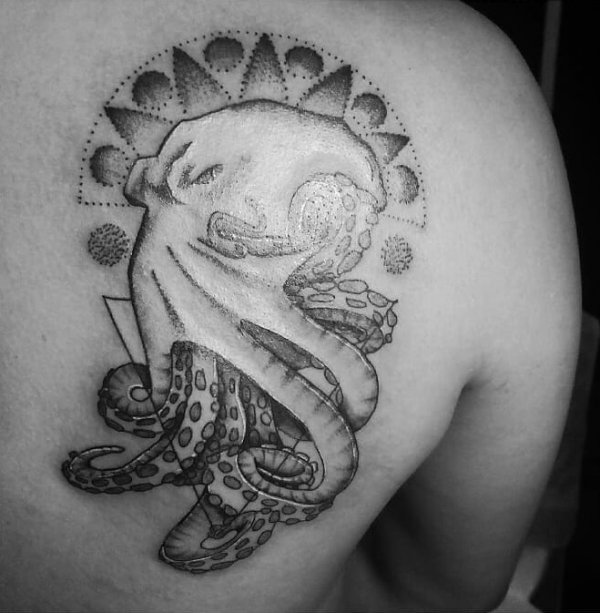Pointillism Octopus Geometric Tattoo On Back Shoulder