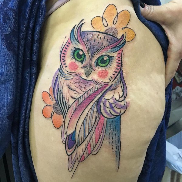Pretty Watercolor Owl Tattoo On Hip