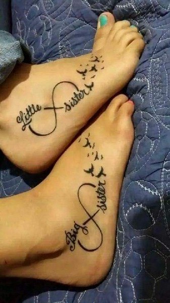 Ravishing Big And Small Sister Infinity Tattoos On Foot With Birds
