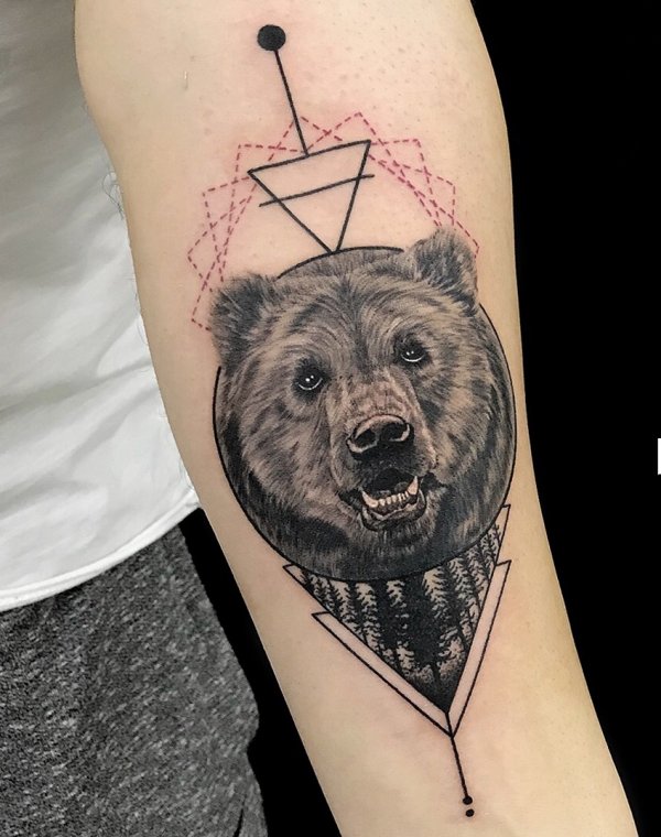 Realistic Bear Portrait Tattoo With Arrow