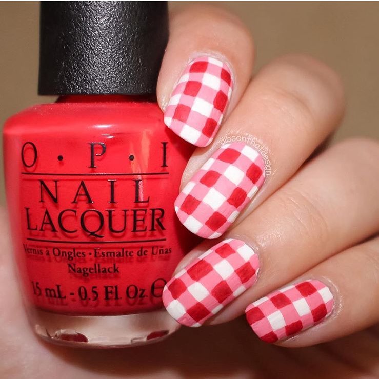 Red And Pink Gingham Nails