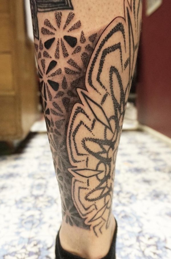Rocking Dotwork Coverup Geometric Tattoo On Lower Leg