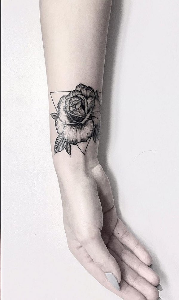 Rose Geometric Wrist Tattoo With Triangle