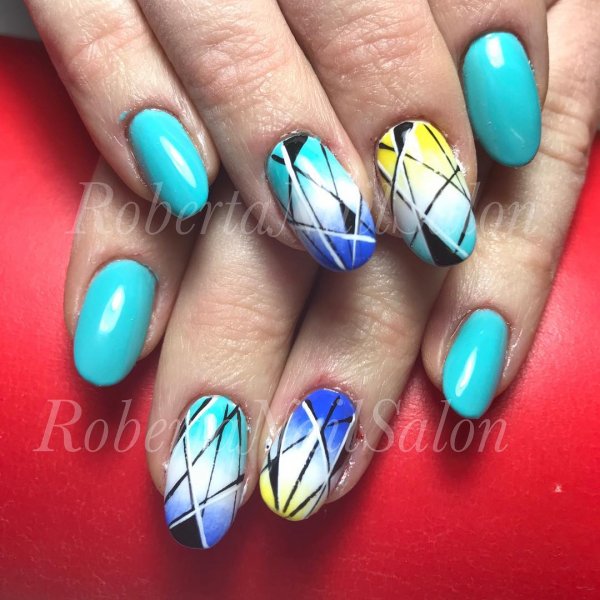 Shaded yellow, blue and white geometric nails