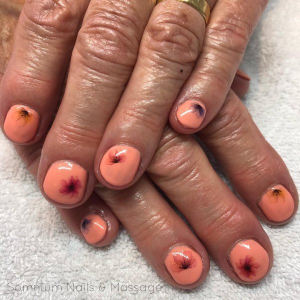 Short Peach nails With Colorful Flowers
