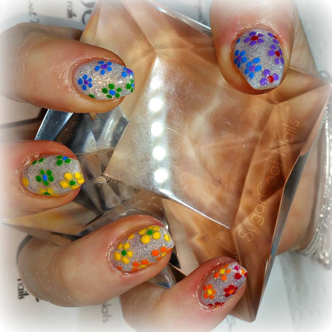 Silver Glittery Nails With Colorful Flowers
