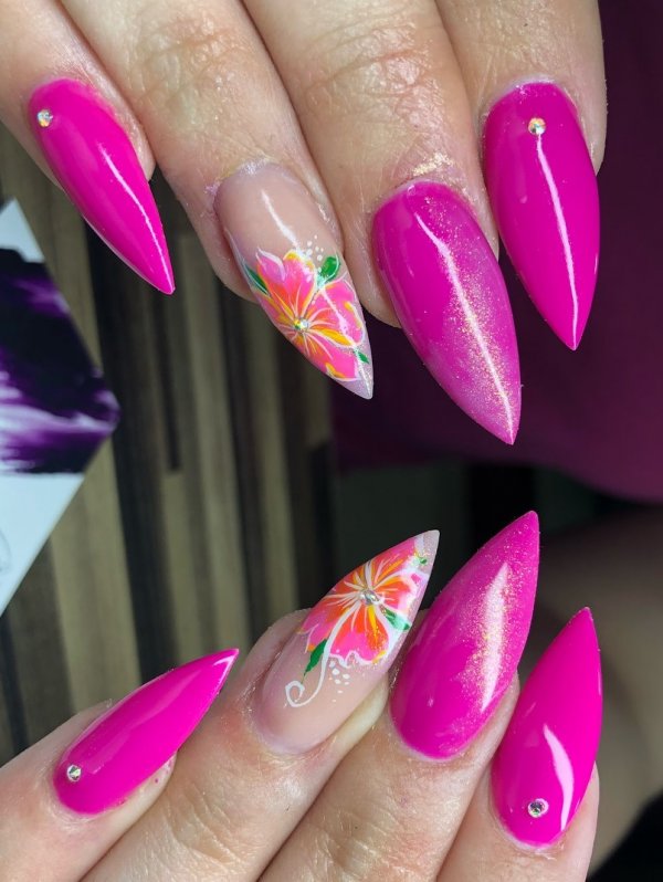 Stiletto Bright Pink Floral Nails