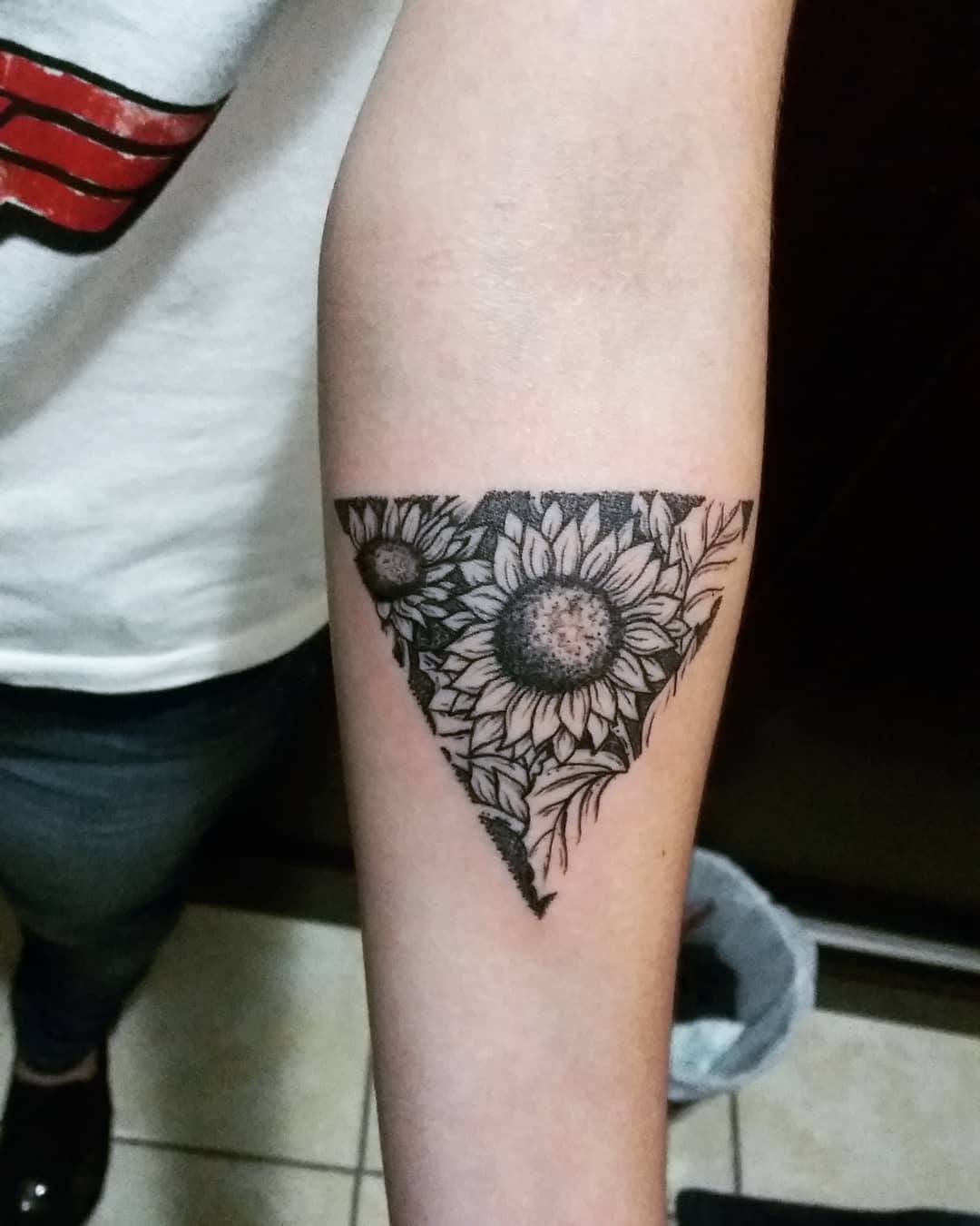 Sunflower Tattoo Inside Triangle On Forearm
