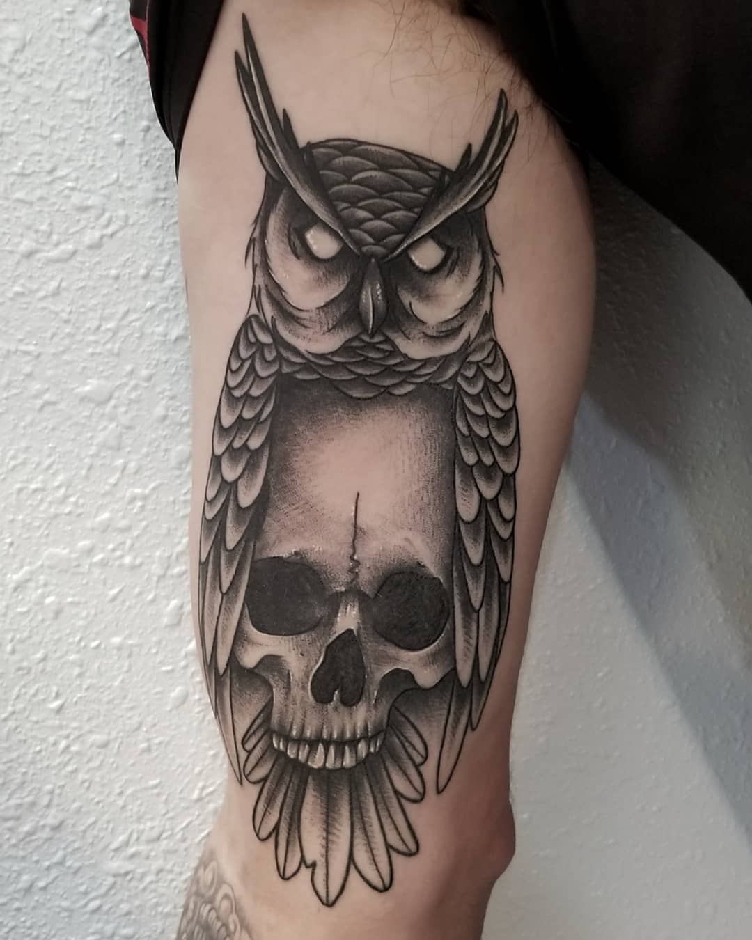 Traditional Black And Gray Owl Tattoo On Arm.