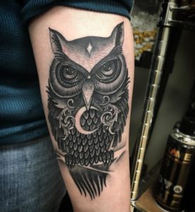Trendy Black Coverup Forearm Owl Tattoo