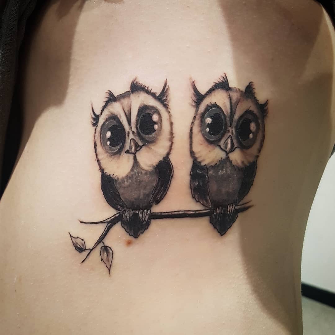 Twins Owl Tattoo On Ribs
