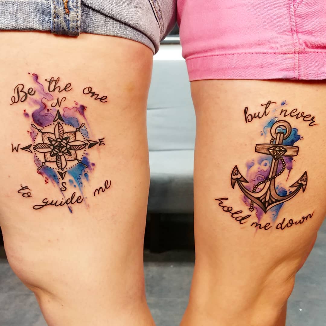 Watercolor anchor and compass best friend tattoo on thigh