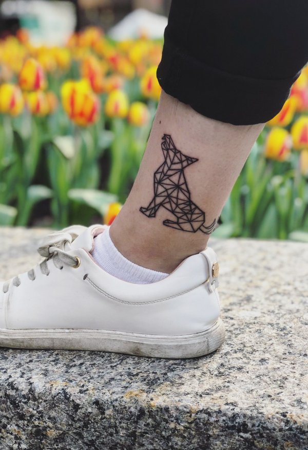 Wolf Pointillism Geometric Animal Tattoo On Ankle