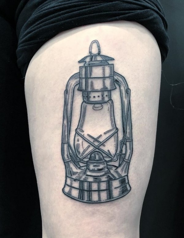 Wonderful Idea To Ink Oil Lamp Tattoo On Thigh