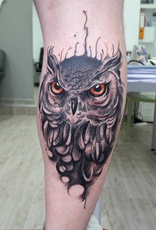 Wow Black Forearm Owl Tattoo