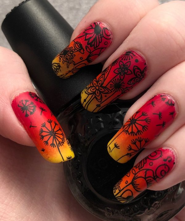 Wow Red And Yellow Ombre Flower Print Nails