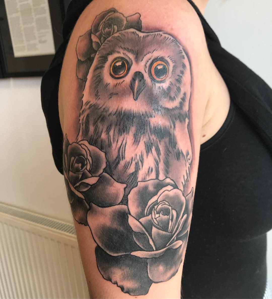 Yellow Eyes Beautiful Black Owl Tattoo With Roses On Half Sleeve