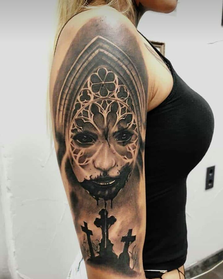 Amazing black and white demon tattoo idea. Pic by melisinked_