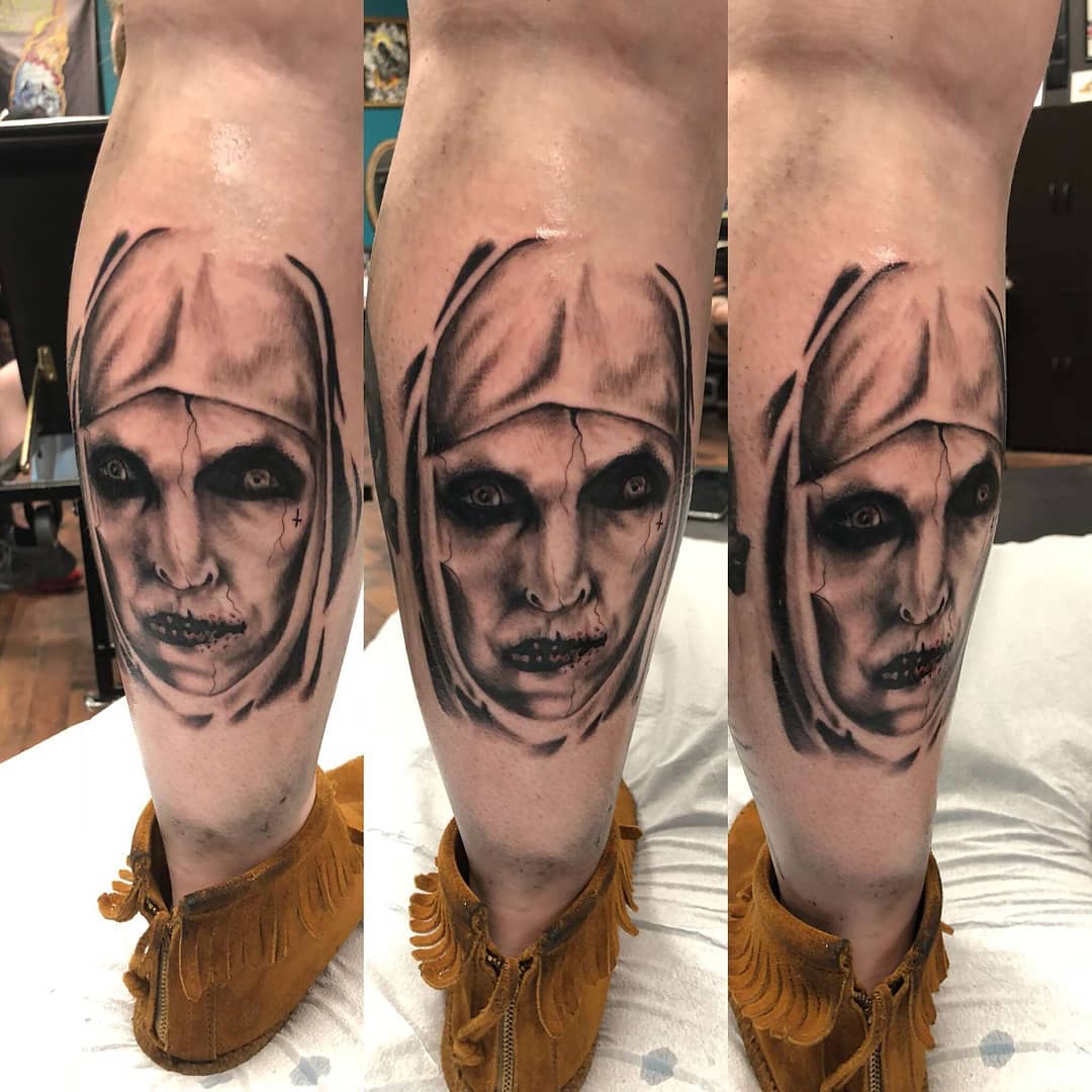 Attractive zombie nun tattoo on lower leg. Pic by babyowls97