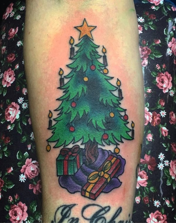 Beautiful christmas tree with gift tattoo design