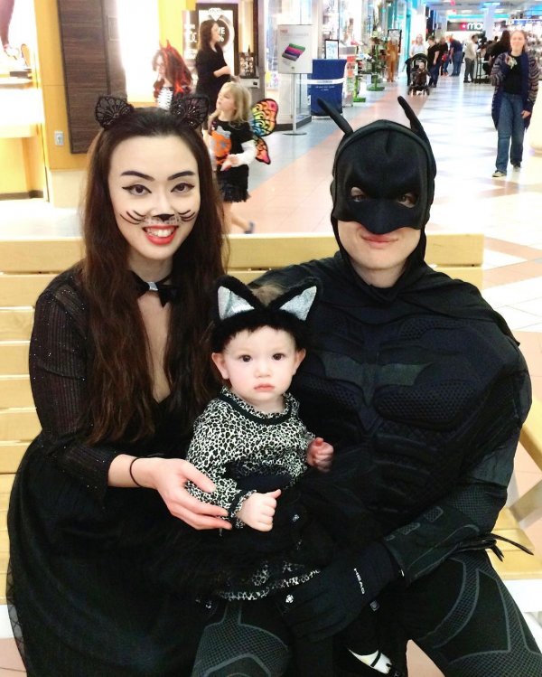 Cat women, bat man and little baby. Pic by lacvert3