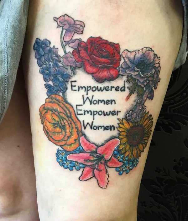 Colorful women Empower Floral Thigh Tattoo. Pic by fat.lawrence - Blurmark