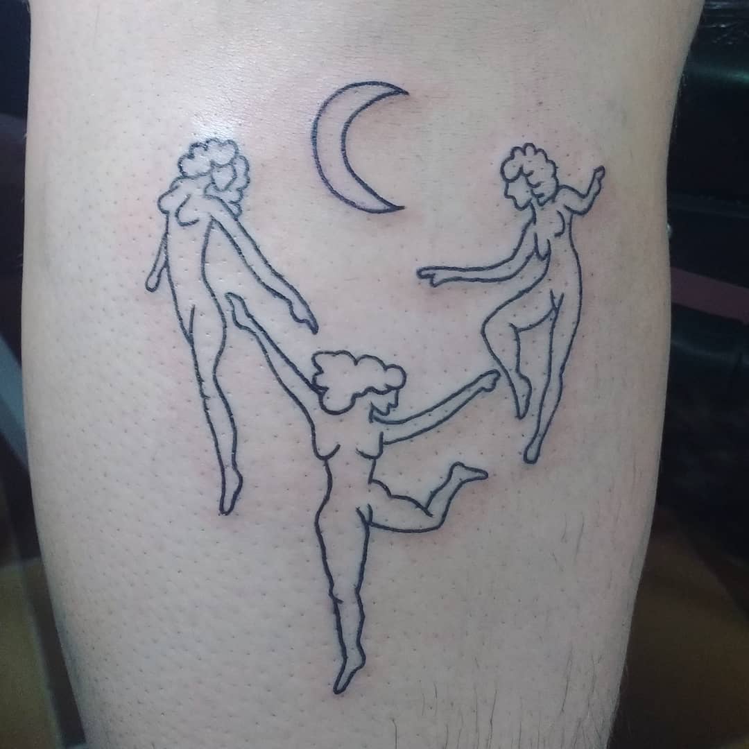 Elegant line work girl tattoo with moon. Pic by rosolatatu