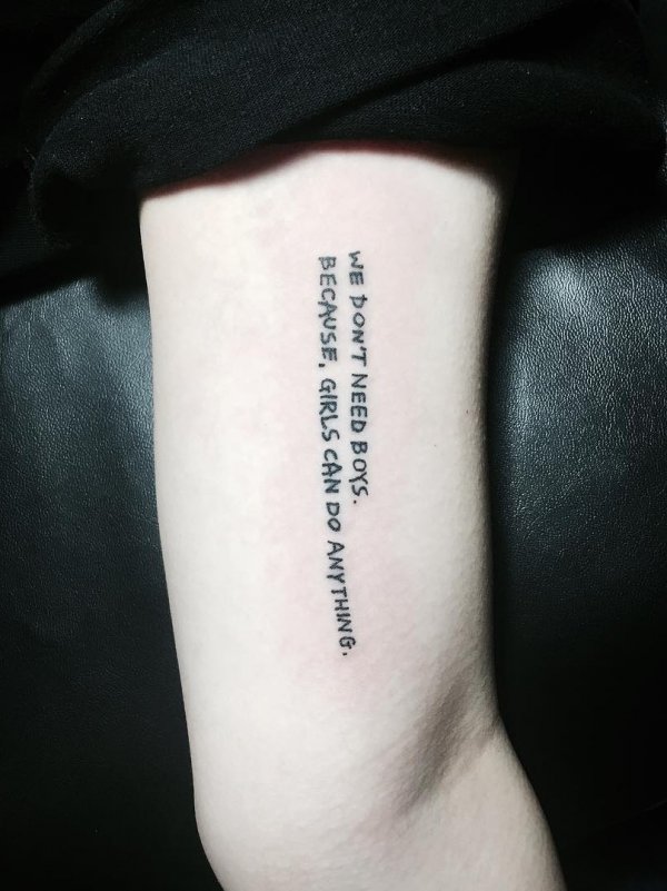 Lettering feminist tattoo on inner sleeve. Pic by o_oheun